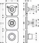 Thermostatmodul für Unterputzinstallation von AXOR mit Platz für drei Verbraucher. Abgebildet sind verschiedene Ansichten und Details des Moduls und seiner Rosetten.